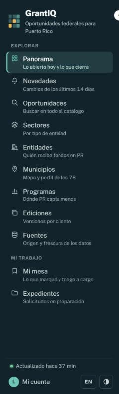 Menú lateral de GrantIQ con las secciones y su descripción